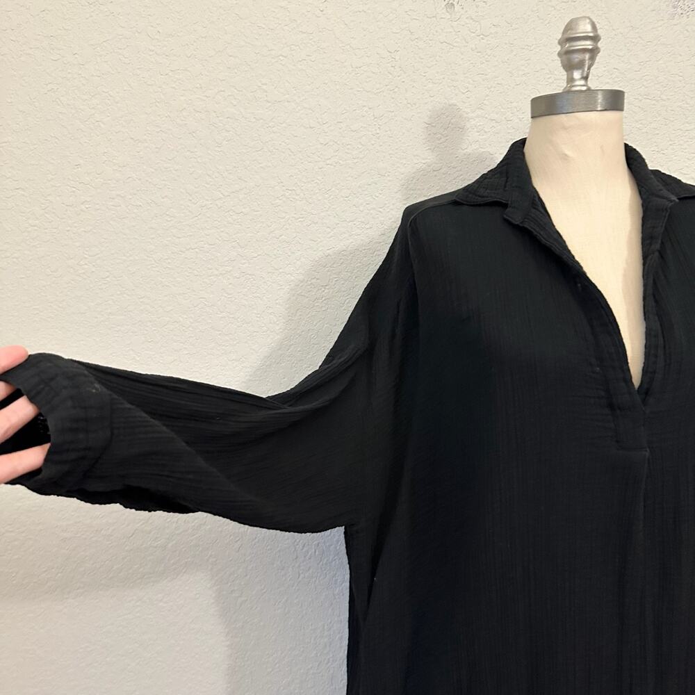 LAUDE THE LABEL Midi Dress Black Gauze Cotton Long Sleeve Seersucker - Picture 4 of 11